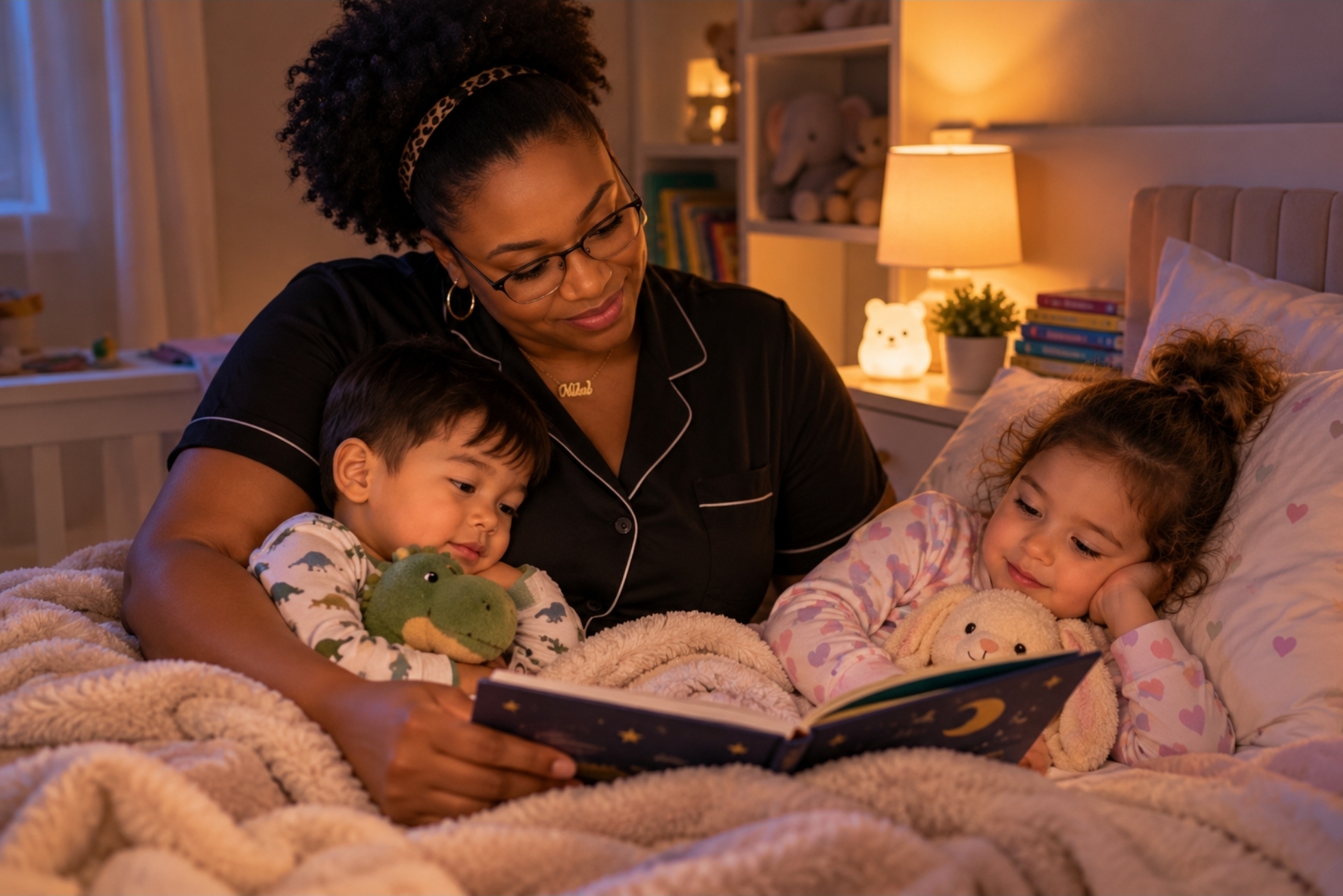 Nanny Kia reading a bedtime story to two children